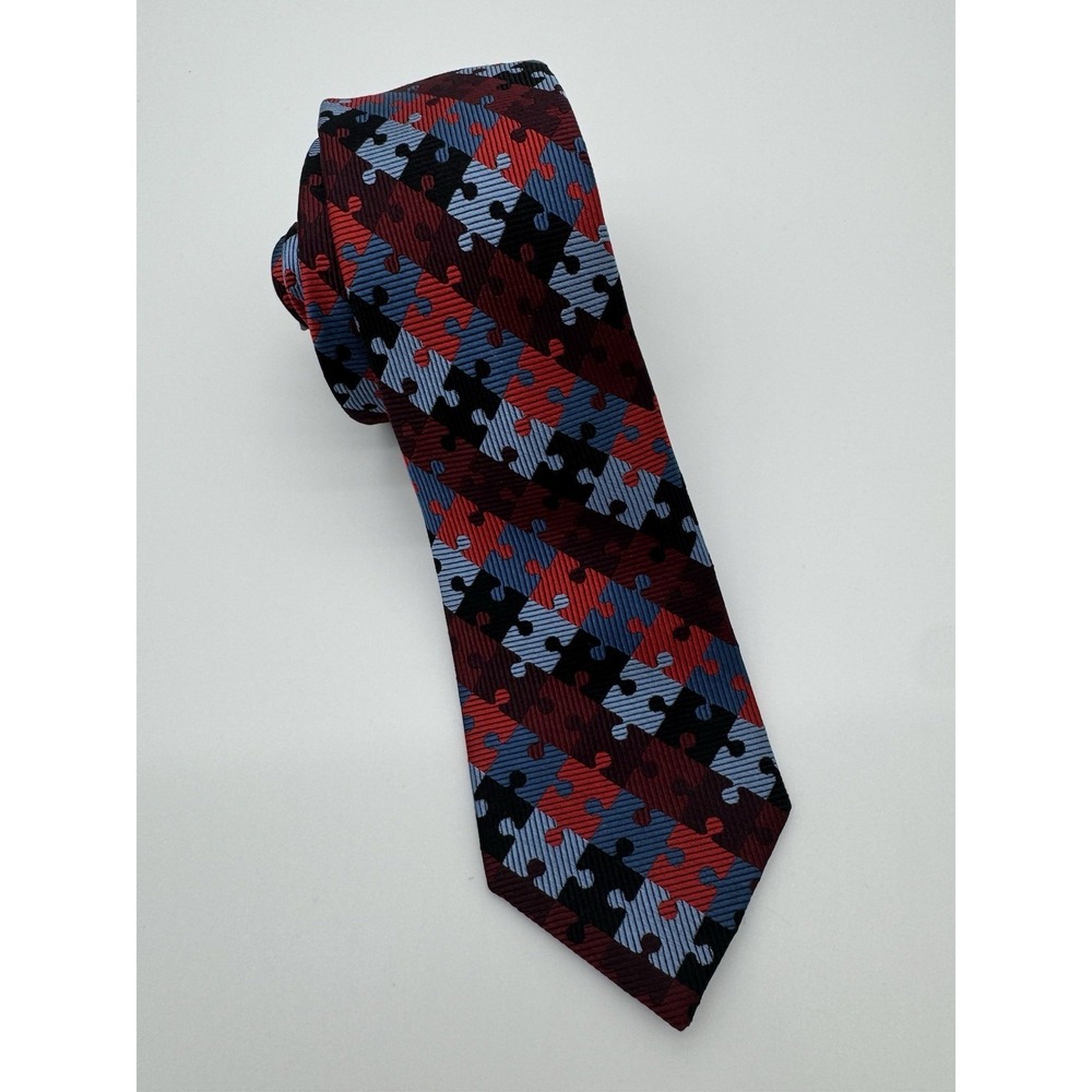The Tie Bar Red Blue Puzzle Piece Neck‎ Tie Silk Autism Awareness Novelty Tie